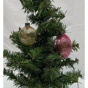 Vintage Glass Ornaments Tinsel Filled Pair Gold Pink Round Teardrop
